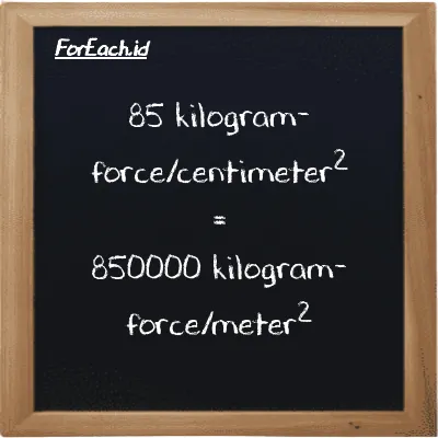 85 kilogram-force/centimeter<sup>2</sup> is equivalent to 850000 kilogram-force/meter<sup>2</sup> (85 kgf/cm<sup>2</sup> is equivalent to 850000 kgf/m<sup>2</sup>)